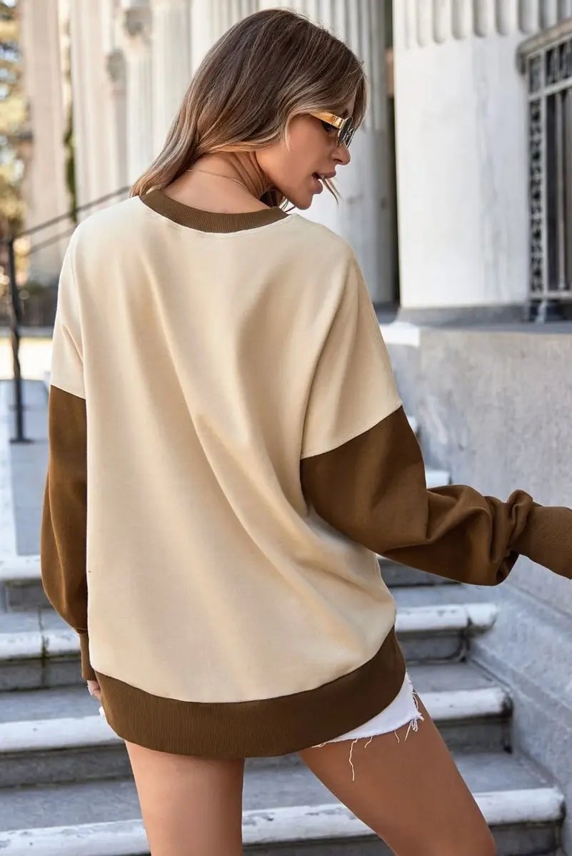 Apricot Color Block Thumbhole Sleeve Drop Shoulder Sweatshirt - Love Salve